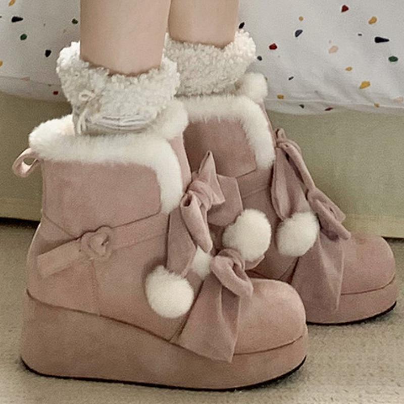 Velvet bow plush cotton shoes