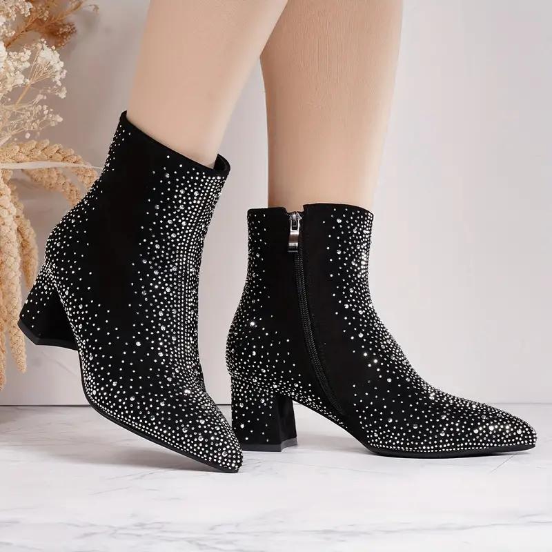 Women's Rhinestone Decor Chunky Heel Boots