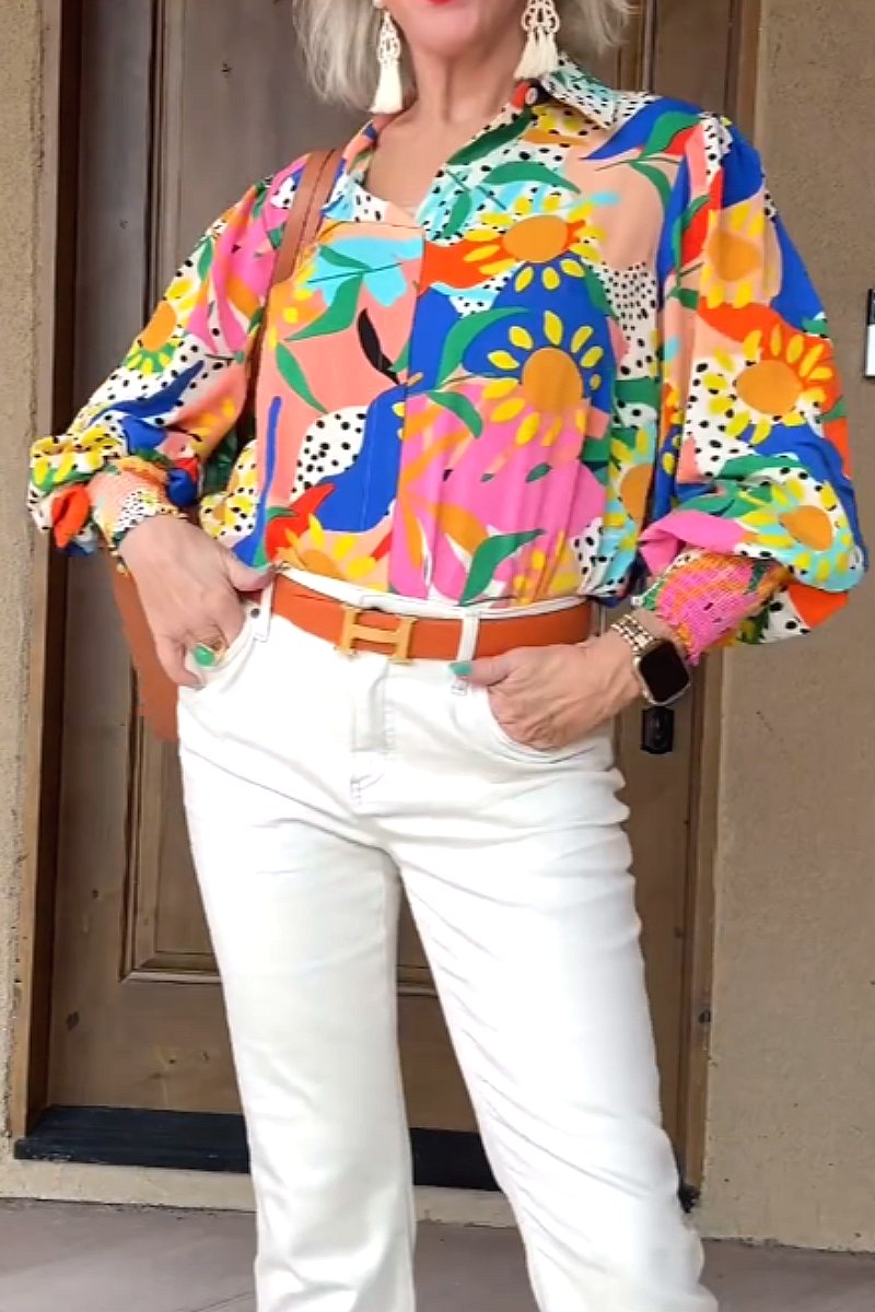 Printed lapel balloon sleeve shirt