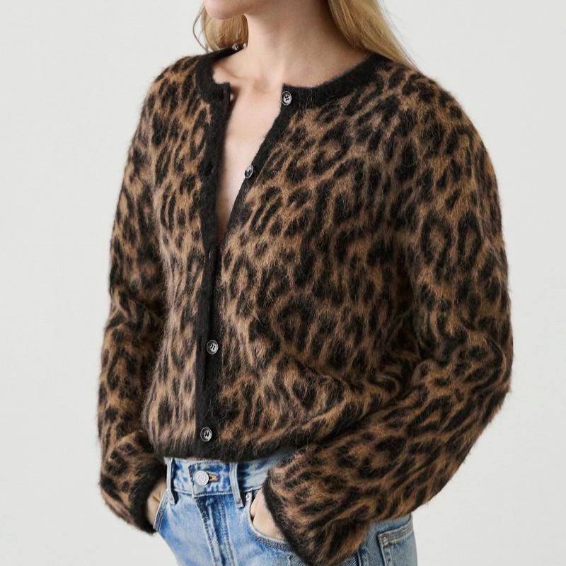 Vintage brown leopard print knitted cardigan short coat