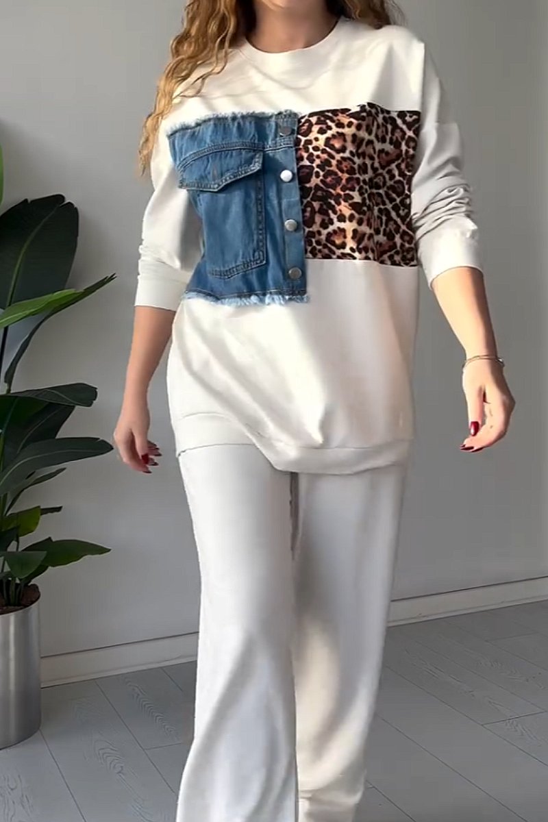 Leopard print denim patchwork loose suit