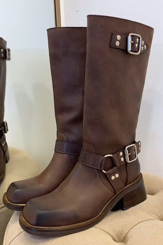 Belt buckle mid-calf boots