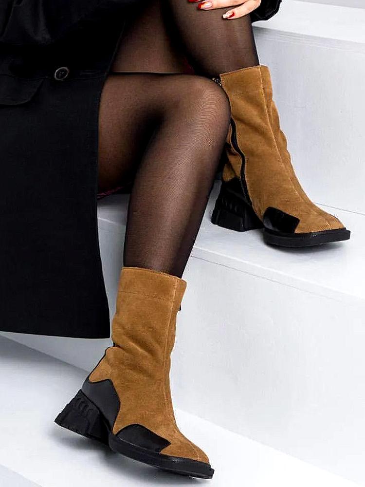 Suede patchwork square heel boots