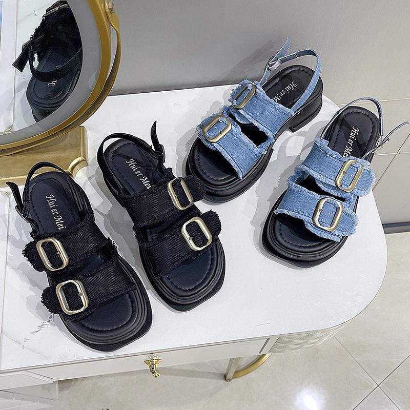 Denim canvas platform open toe sandals