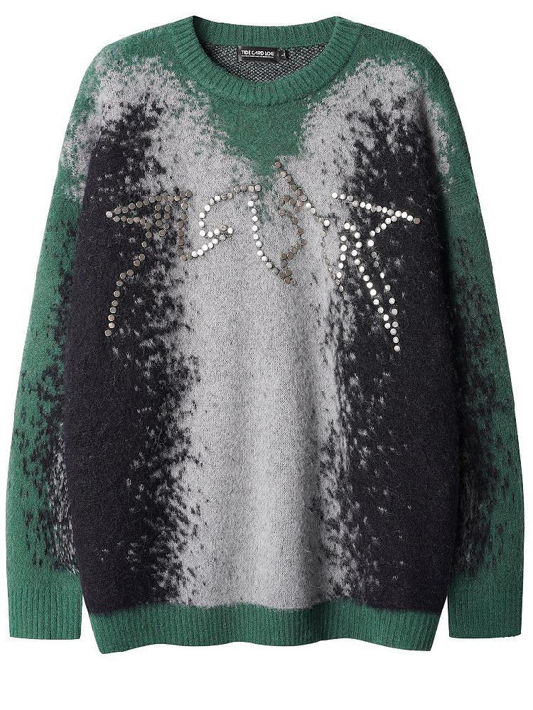 Contrast knitted sweater with retro gradient jacquard metallic beads