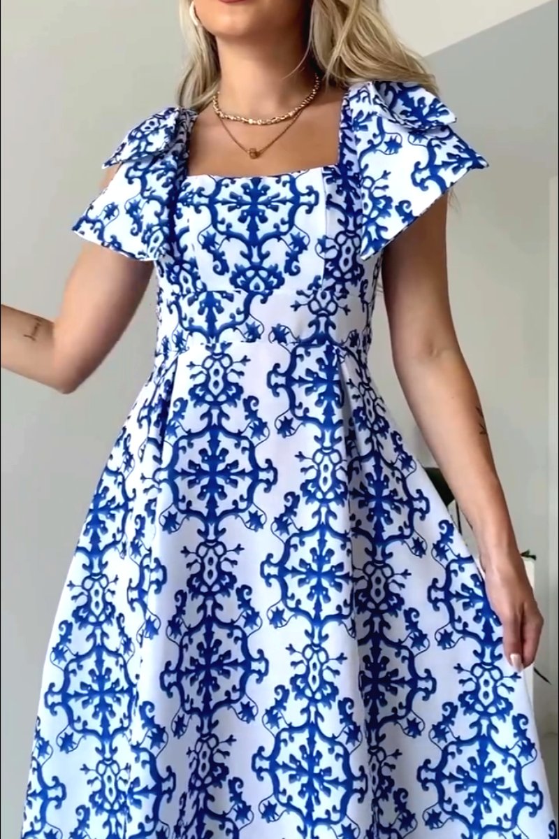 Retro square neck printed dress