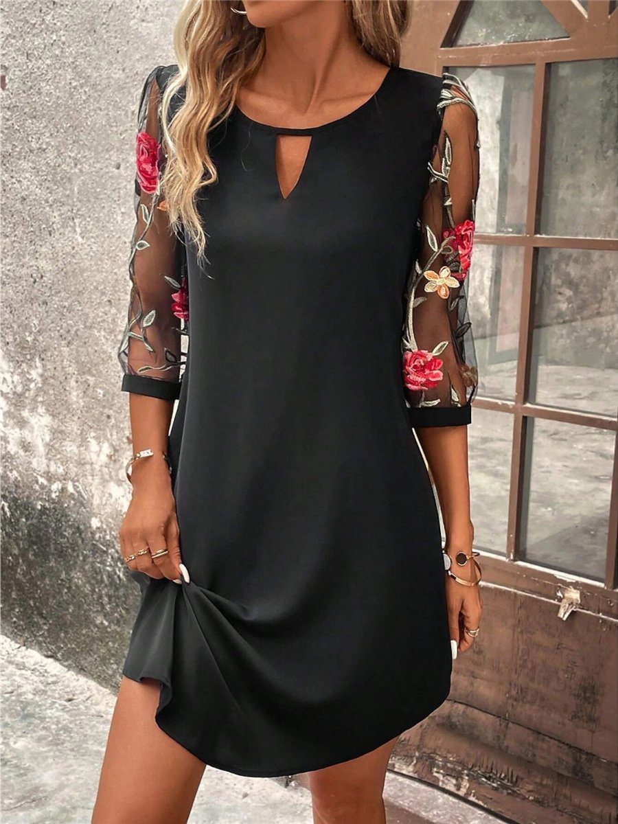 Fashion Round Neck Lace Printed Cropped Sleeve Dress